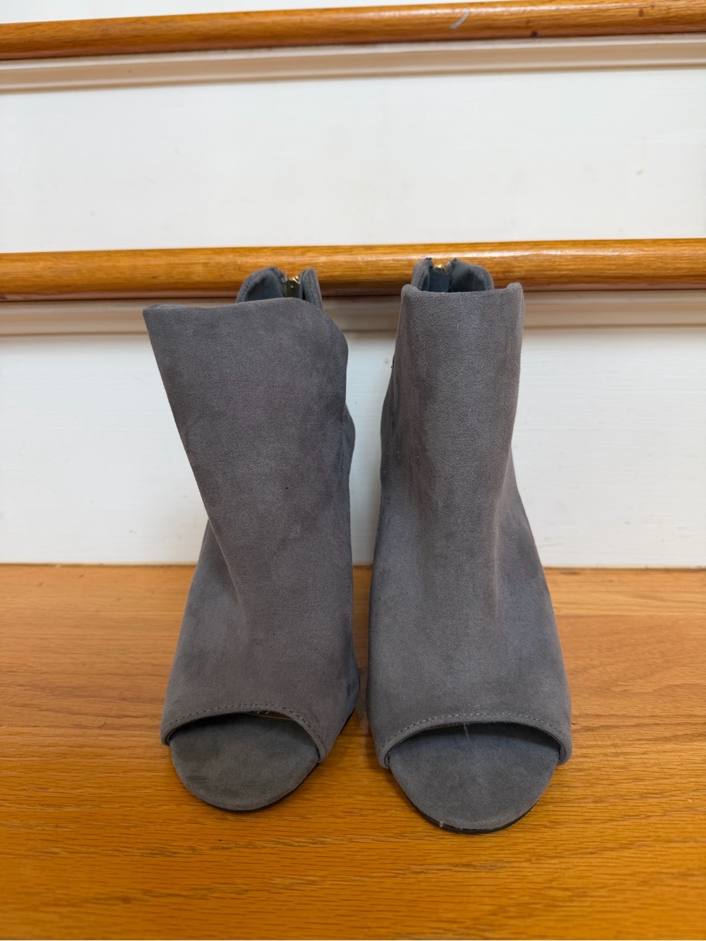 Qupid Gray Suede Peep-Toe Ankle Booties - Women